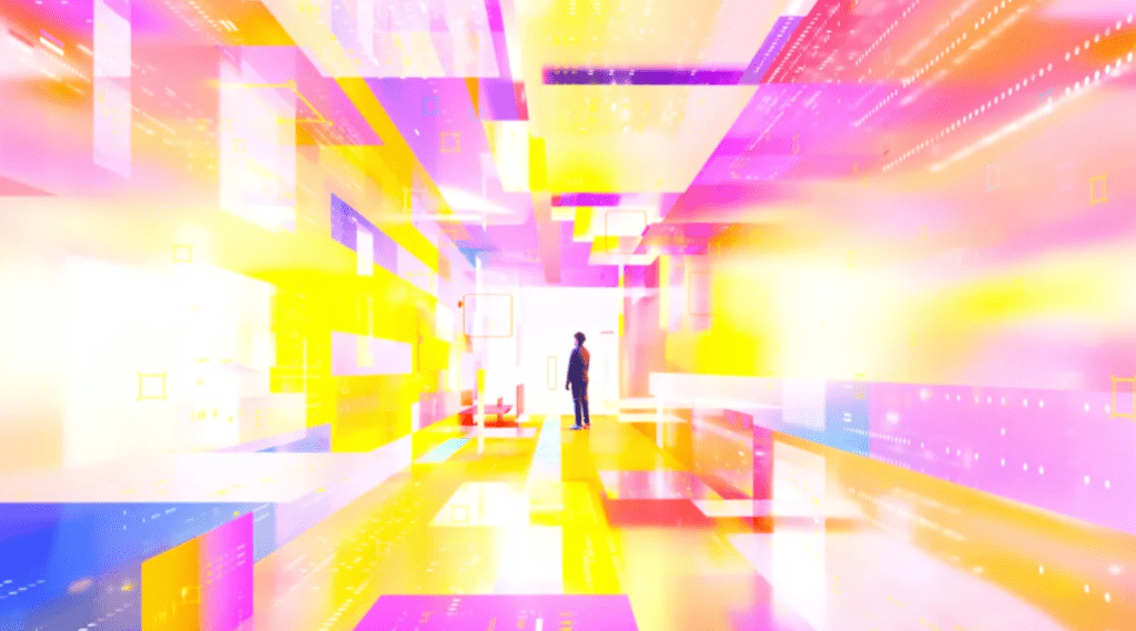 A graphically designed image of a man standing in a multi-coloured tunnel, surrounded by graphically designed signals and information